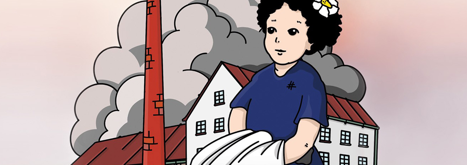 Illustration eines Mädchens vor einer Fabrik mit rauchendem Kamin.
