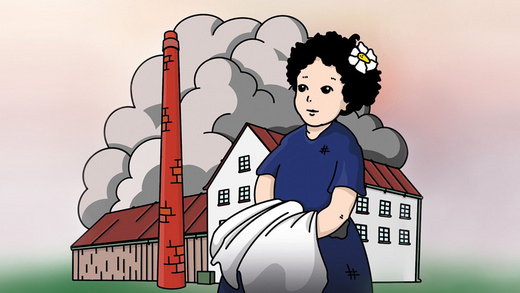 Illustration eines Mädchens vor einer Fabrik mit rauchendem Kamin.
